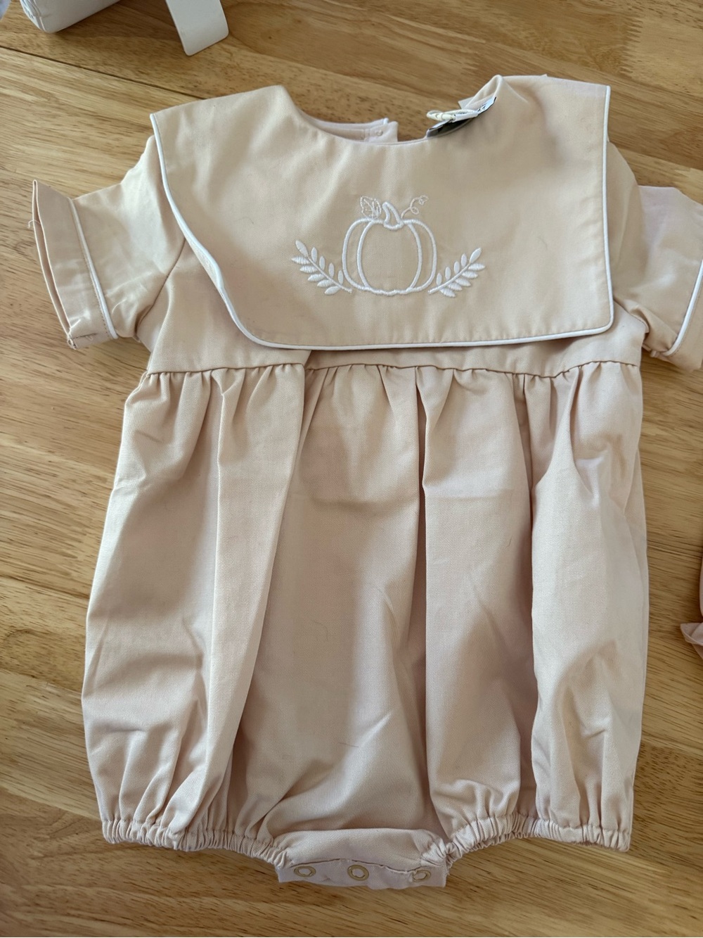 Embroidered Pumpkin Bubble Romper in Light Beige/Tan